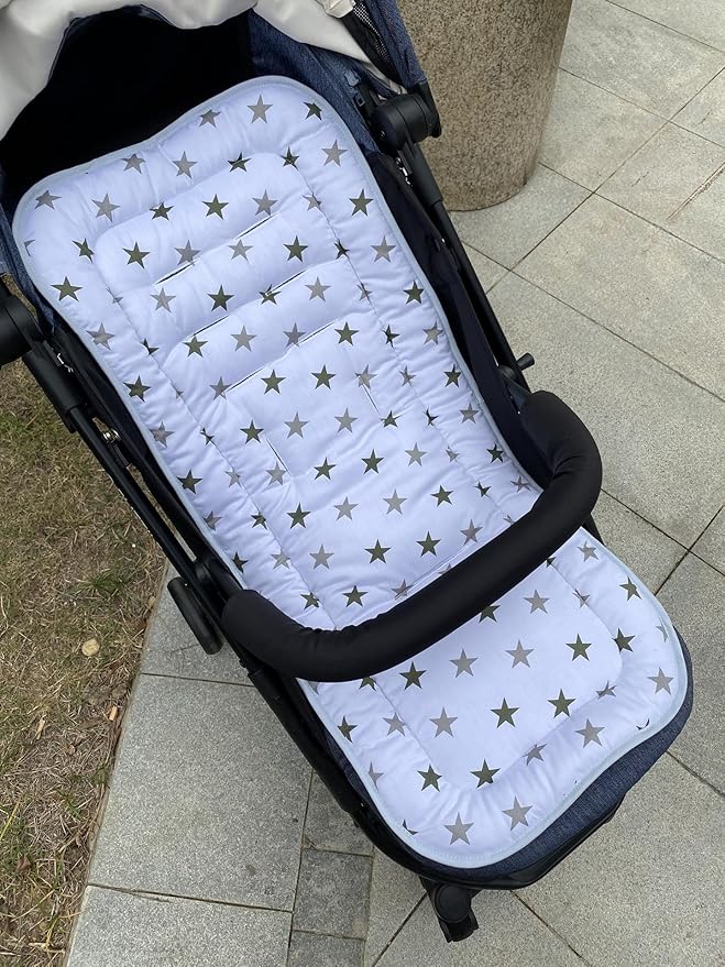 Baby Stroller Seat Liner Kids Pushchair Seat Cushion Mat Universal Breathable Stroller Liner Insert Stroller Cushion Pad Thick Cotton Stroller Liner Seat Pad Cover for Car (White & Gray Star)