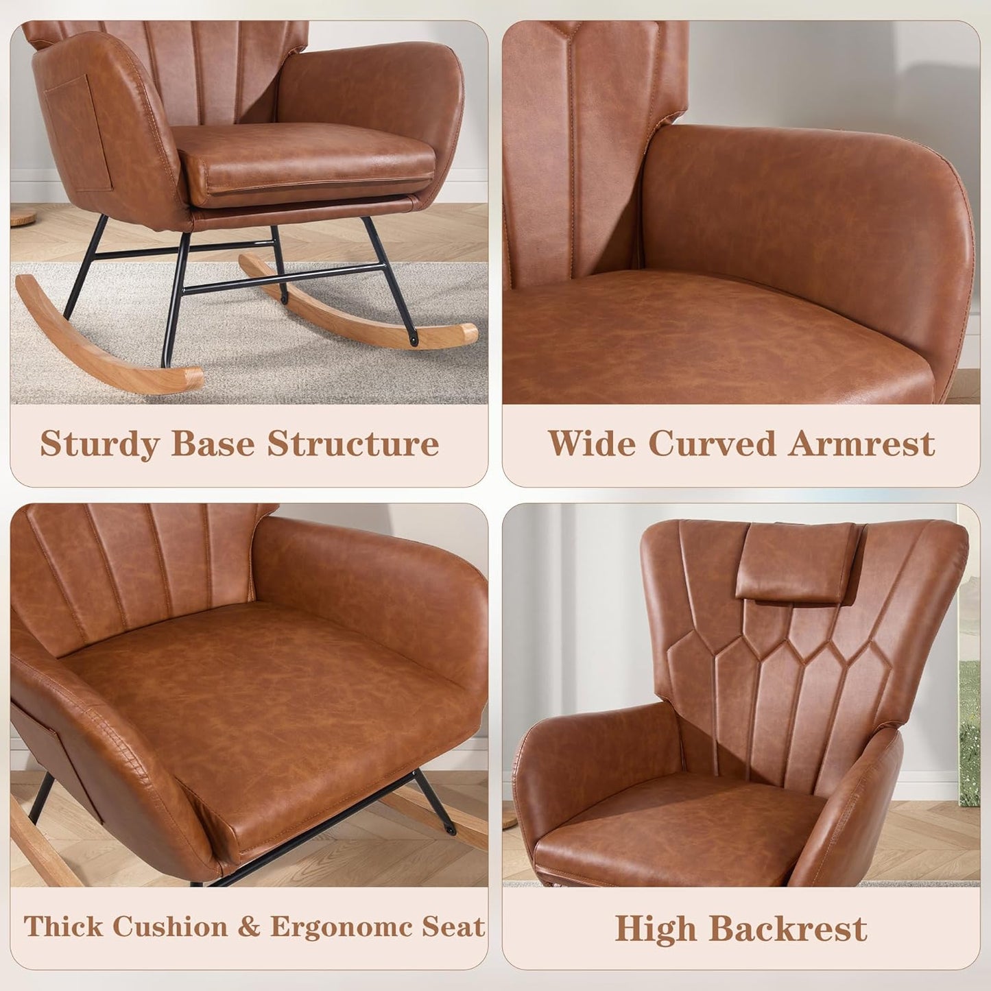 VECELO Rocking Chair Nursery with Thick Headrest, Modern Teddy Upholstered Reading Glider Rocker Accent Armchair with High Backrest, Padded Seat, Side Pocket, for LivingRoom, Bedroom, Baby Room, Pink