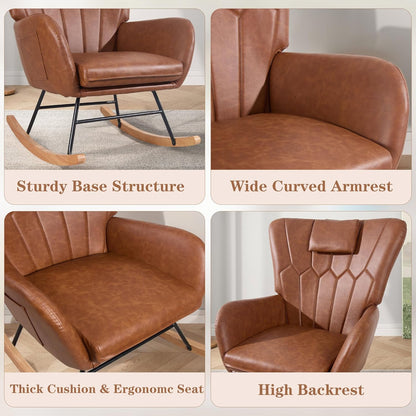 VECELO Rocking Chair Nursery with Thick Headrest, Modern Teddy Upholstered Reading Glider Rocker Accent Armchair with High Backrest, Padded Seat, Side Pocket, for LivingRoom, Bedroom, Baby Room, Pink