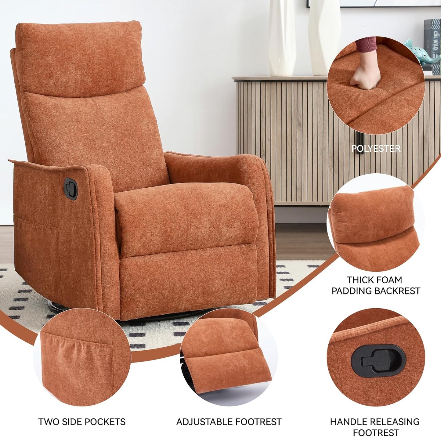 Swivel Rocker Recliner Chair for Adults, Nursery Rocking Chair with Heat and Massage, Glider Reclining Chair for Small Space Living Room Bedroom, Faux Leather Black