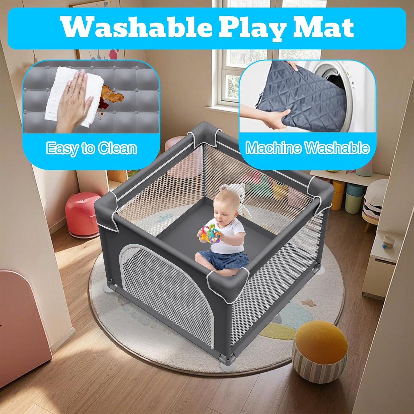 Grobeybees Playpen for Babies and Toddlers, Small Baby Playpen, Playard with Bag, Indoor & Outdoor Play Pen, Sturdy Safety Baby Play Yard with Soft Breathable Mesh(Black, 36x36 inches)