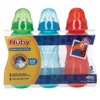 Nuby Non-Drip Standard Neck Baby Bottles - 10 oz (3 Pack) - Vari-Flo Flow Control Nipple - Anti-Colic Air System - 0+ Months