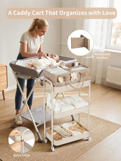 Fortella Baby Diaper Caddy, 3 Tier Rolling Storage Cart for Baby Essentials, Diaper Cart with Detachable Dividers, Storage Organizer & Baby Bottle Organizer for Bedroom, Living Room (Beige)