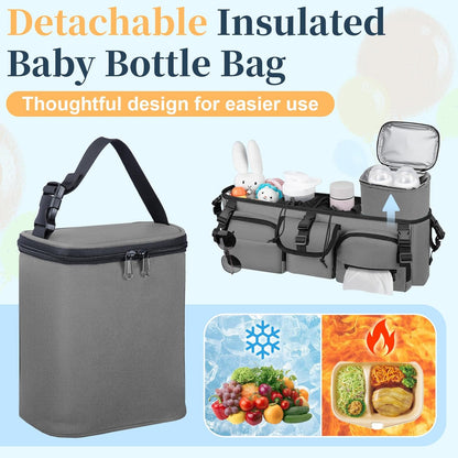 GDNasist Double Stroller Organizer Compatible with Bob Duallie and Baby Jogger City Mini GT2, Double Baby Stroller Accessories with Cooler Bag, Parent Console Double Jogging Stroller Caddy, Black