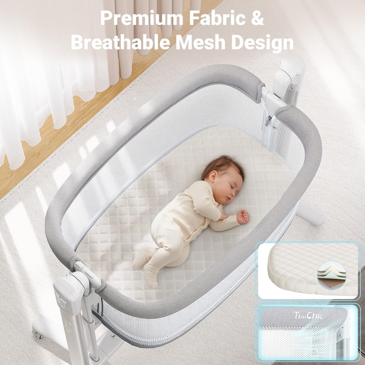 Electric Baby Bassinet, 7 Height Adjustable Rocking Bassinet for Baby, Auto Infant Sleeper with Timer, 12 Lullabies, Wheels, Smart Rocking Crib for Newborns, Beige