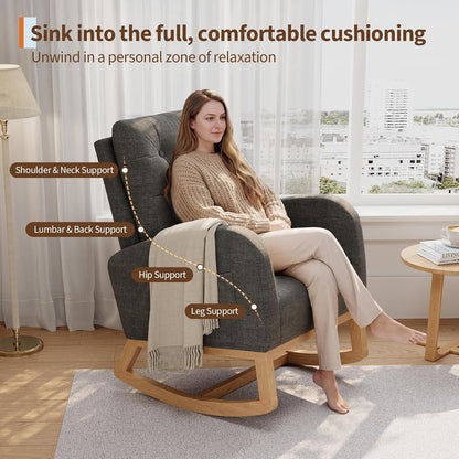 Modern Rocking Chair for Living Room, Comfortable Recliner Rocker with Side Pocket, Soft Linen Upholstered Glider Chair for Bedroom, Nursery, Lounge-Grey