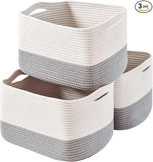 ICERZCZ Storage Baskets for Organizing Shelves, Woven Cotton Rope Bins for Baby Nursery Organization, Book Toy Towel Organizer, 15"x11"x9.5", 3 Packs, Off White & Grey