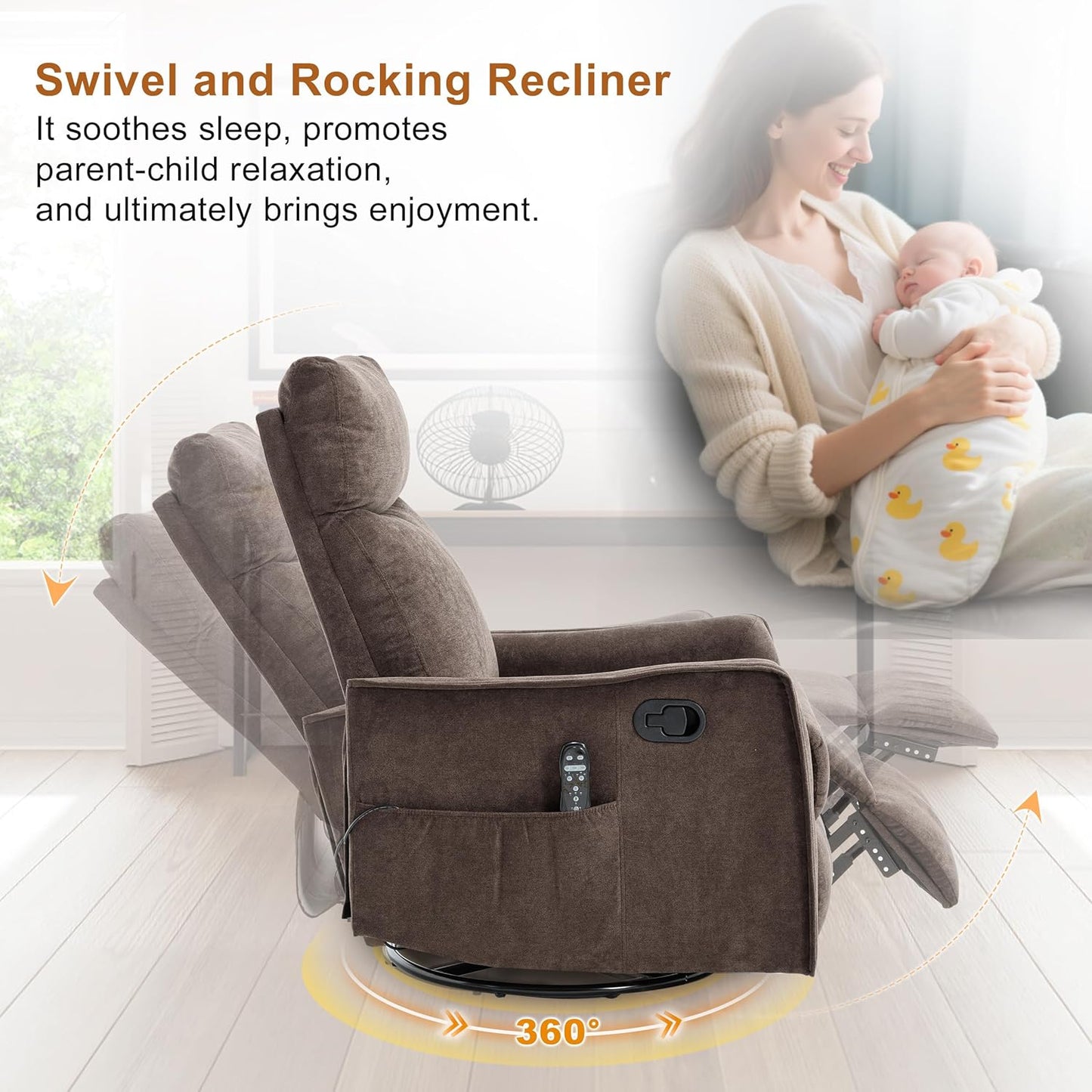 Manual 360° Swivel Rocker Recliner Chair for Adults, Overstuffed Glider Chair for Nursery with Vibration Massage and Heat, Comfy Soft Fabric Glider with Side Pockets for Living Room, Beige