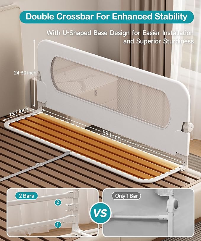 Bed Rail for Toddlers, Baby Bed Rail Guard with U-Shape Base, Height Adjustable & Foldable Toddler Bed Rails for Full Size, Queen, King, Twin (White, 59in)