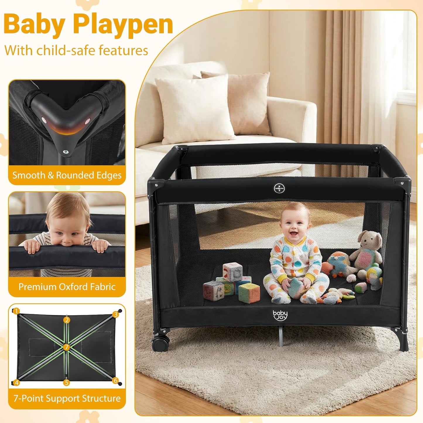 BABY JOY 3 in 1 Pack and Play, Portable Baby Playard with Bassinet, Changing Table, Lockable Wheels, Glowing Music Box, Travel Baby Crib Bassinet Bed from Newborn to Toddler