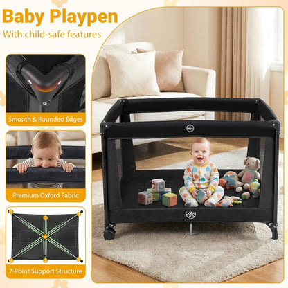BABY JOY 3 in 1 Pack and Play, Portable Baby Playard with Bassinet, Changing Table, Lockable Wheels, Glowing Music Box, Travel Baby Crib Bassinet Bed from Newborn to Toddler