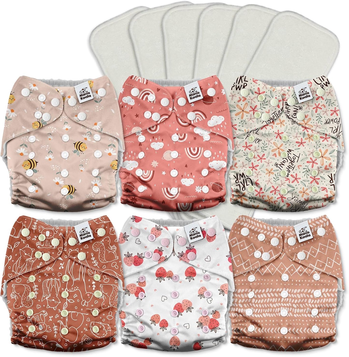 Mama Koala 3.0 Pocket Cloth Diapers for Babies with AWJ Lining, 6 Pack with 6 4-Layer Natural Cloth Diaper Inserts - Reusable and Washable Pocket Diapers(Hardworking Bees) - Colors A