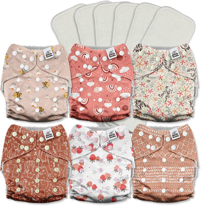 Mama Koala 3.0 Pocket Cloth Diapers for Babies with AWJ Lining, 6 Pack with 6 4-Layer Natural Cloth Diaper Inserts - Reusable and Washable Pocket Diapers(Hardworking Bees) - Colors A