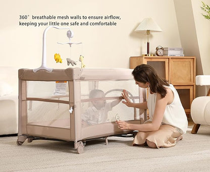 Pack and Play, 4 in 1 Baby Playard – Portable Crib, Bassinet, Bedside Sleeper, Changing Table & Playpen | Breathable Mesh | Safe & Foldable for Newborns to Toddlers (Beige)