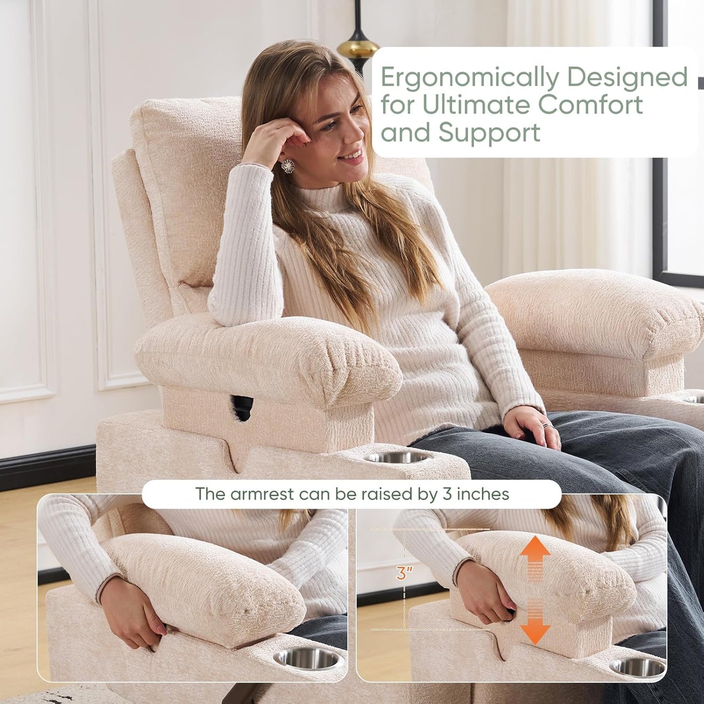 Rocking Chair Nursery with Adjustable Armrest for Breastfeeding, Glider Recliner Nursery Chair with Massage and Heat, Power Swivel Rocker Recliner with Adjustable Headrest, Corduroy, Beige