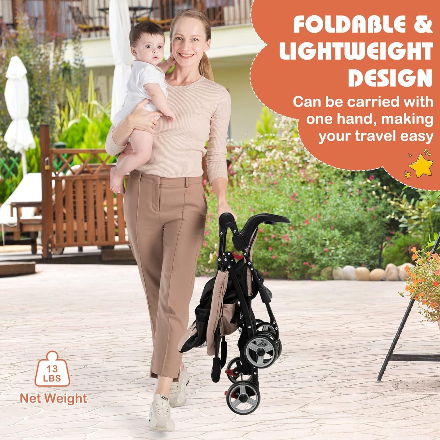 HONEY JOY Lightweight Stroller, Compact Travel Stroller for Airplane, Toddler Fold Pushchair w/Adjustable Canopy & Backrest, Storage Basket, Umbrella Stroller for Infants (Gray)