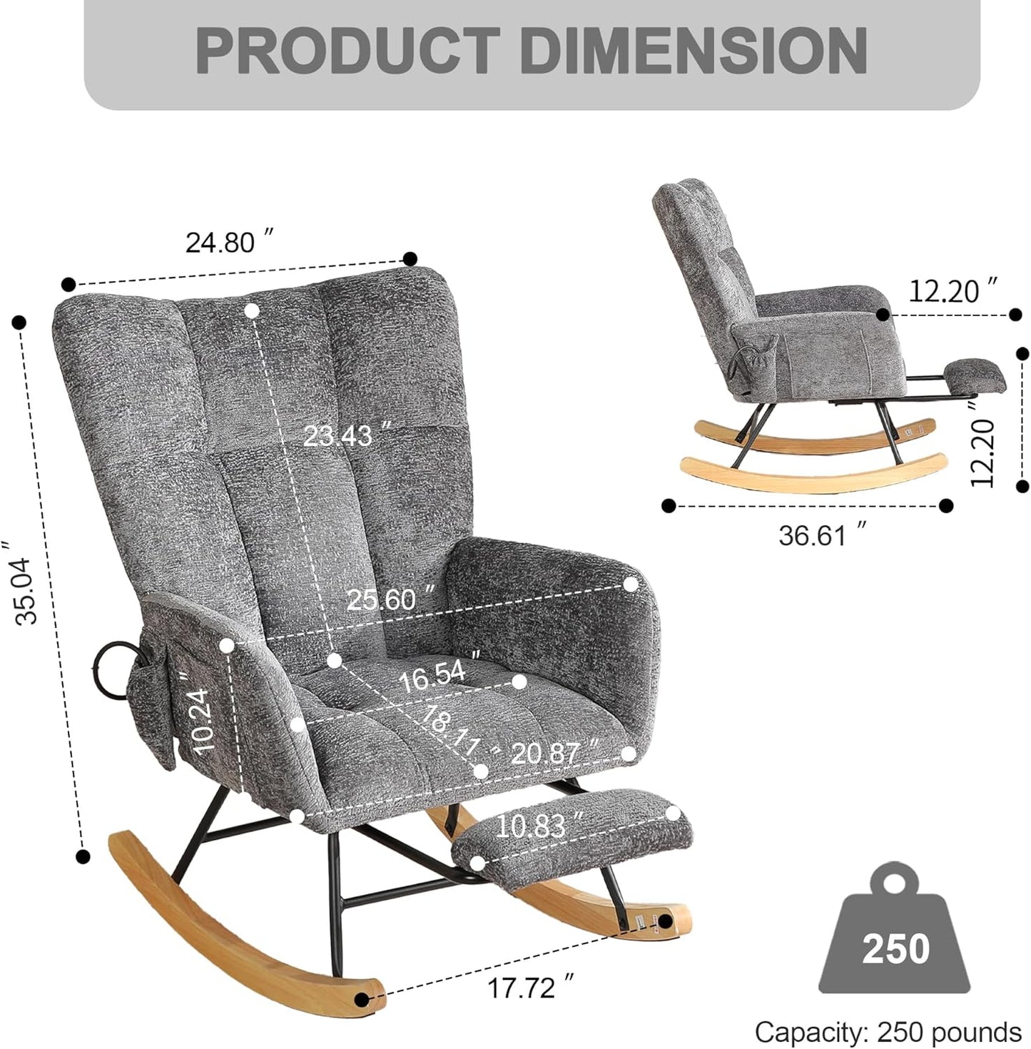 Rocking Chair Nursery with Airbag, Comfy Modern Nursery Rocking Reading Chair indoor with Footrest, Cozy Upholstered Glider Rocker Chairs for Living Room Bedroom Offices(Chenille, Dark Grey)