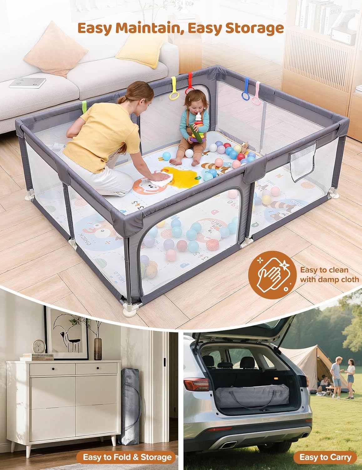 Dripex Baby Playpen, 47"x47" Small Playpen for Babies, Enhanced Safety Baby Play Yard for Indoor & Outdoor, Infant Play Pen with Soft Breathable Visible Mesh, Anti-Fall Design & Easy Setup, Grey