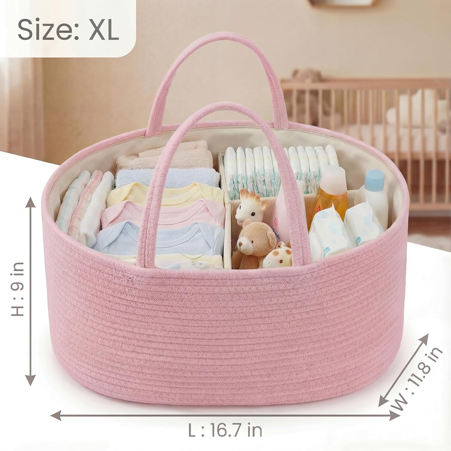 luxury little Diaper Caddy Organizer, Large Cotton Rope Nursery Baby Basket, Changing Table Organizer for Baby Diaper Storage, Portable Car Organizer Removable Divider (Off White, Large)