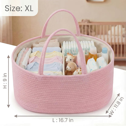luxury little Diaper Caddy Organizer, Large Cotton Rope Nursery Baby Basket, Changing Table Organizer for Baby Diaper Storage, Portable Car Organizer Removable Divider (Off White, Large)