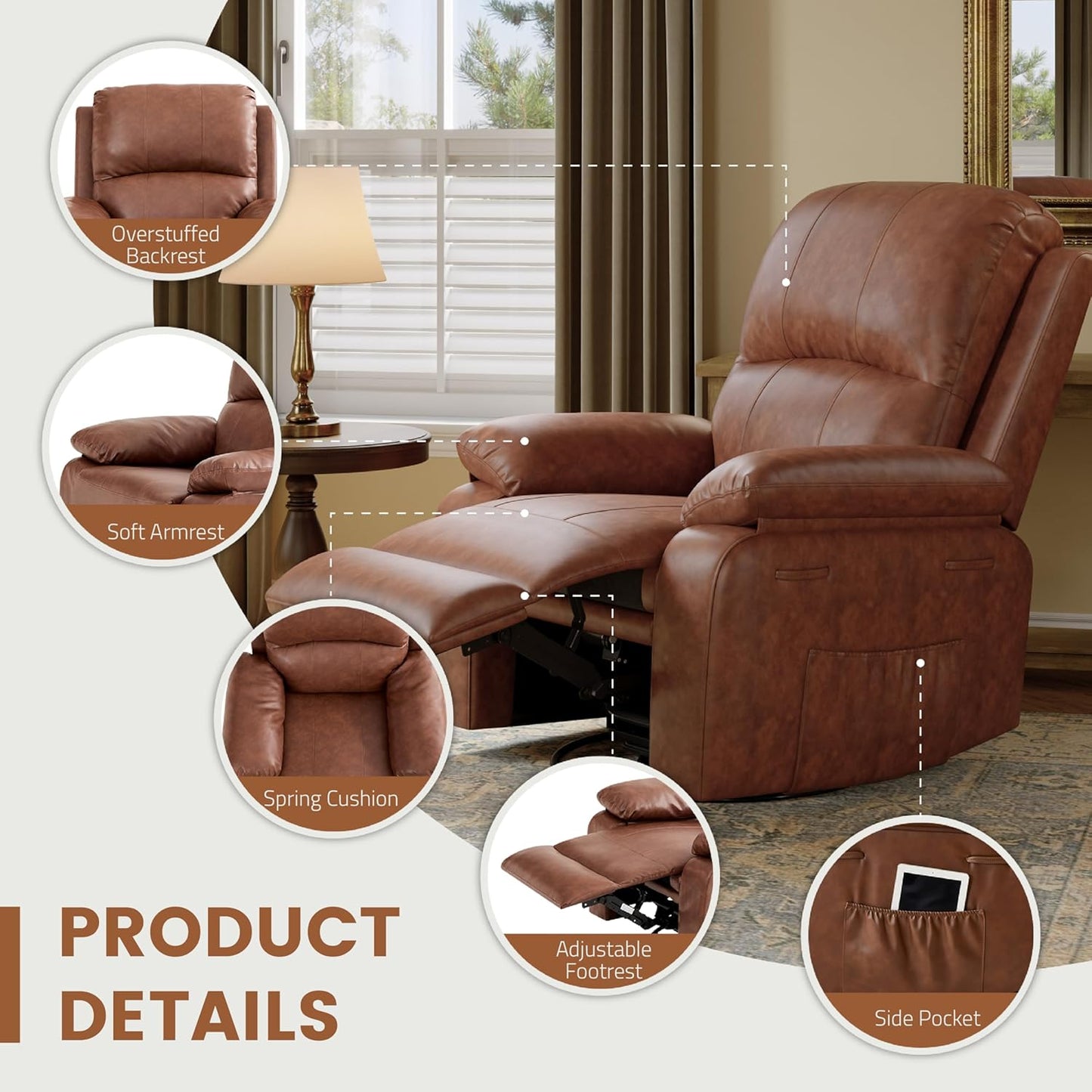 Leather Swivel Rocker Recliner Chair, Traditional Manual Chair, Upholstered Nursery Glider Rocking Recliner, Comfy Faux Leather Single Sofa with Pocket Spring for Living Room, Camel