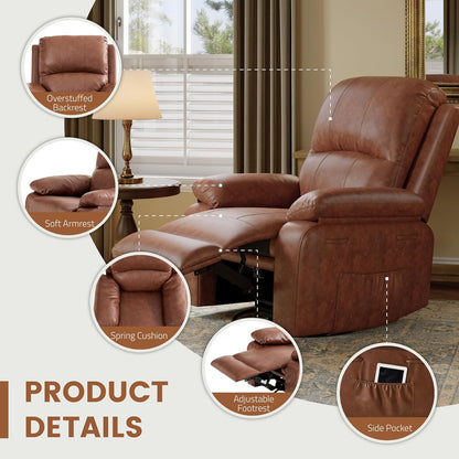 Leather Swivel Rocker Recliner Chair, Traditional Manual Chair, Upholstered Nursery Glider Rocking Recliner, Comfy Faux Leather Single Sofa with Pocket Spring for Living Room, Camel