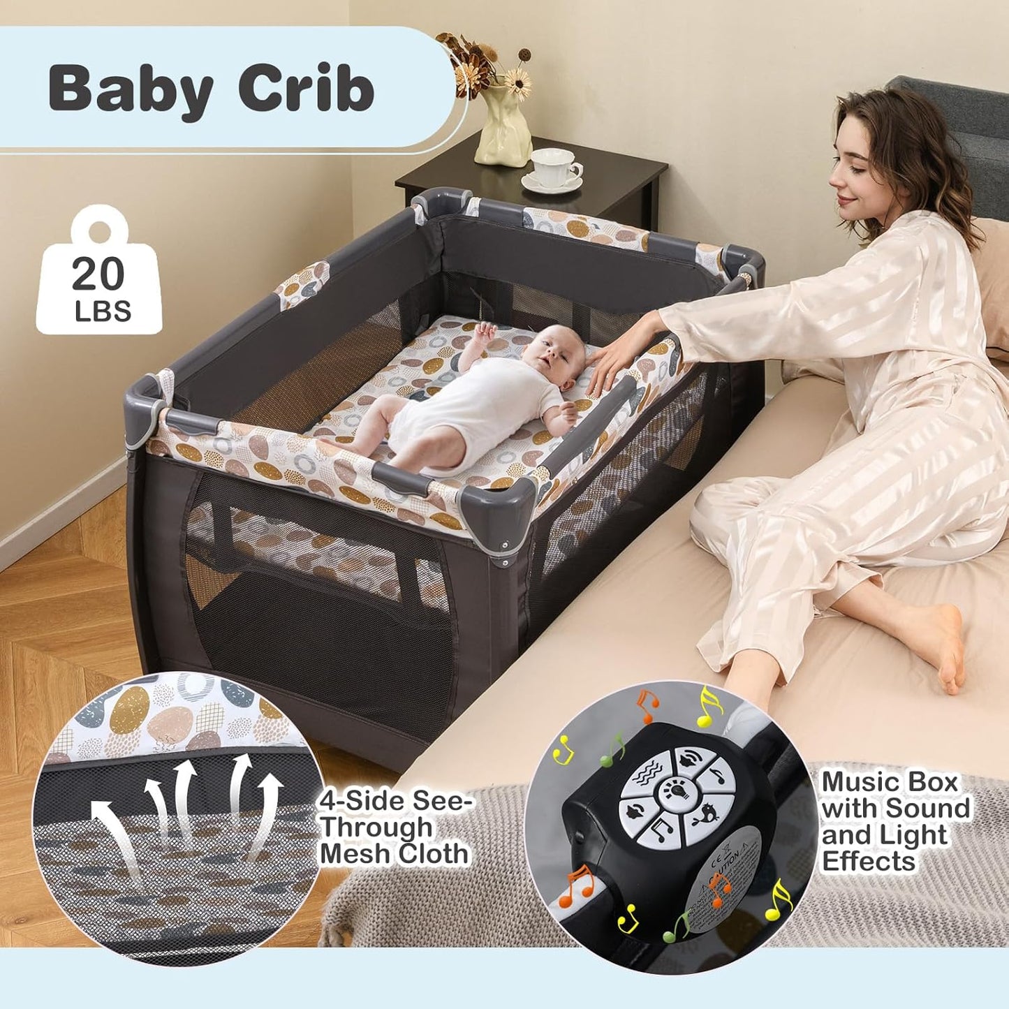 HONEY JOY Pack and Play, 5 in 1 Portable Infant Playpen with Bassinet & Changing Table, Storage Bag, Music Box, Toys, Carry Bag, Nursery Center, Baby Playard Pack n Play Crib for Boys Girls