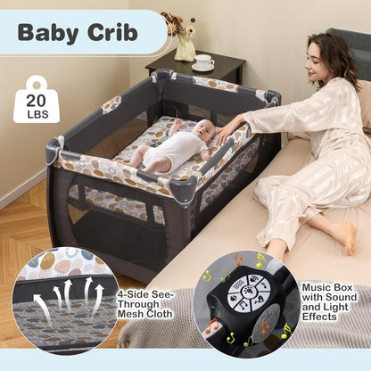 HONEY JOY Pack and Play, 5 in 1 Portable Infant Playpen with Bassinet & Changing Table, Storage Bag, Music Box, Toys, Carry Bag, Nursery Center, Baby Playard Pack n Play Crib for Boys Girls