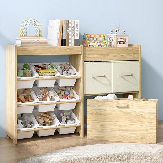 EXPERLAM Toy Storage Organizer for Kids, 9-Bin Toy Organizer with 2-Drawers, Movable Toy Chest and Top Rack, Multifunctional Kids Bookshelf and Toy Storage for Playroom, Bedroom, Nursery, White