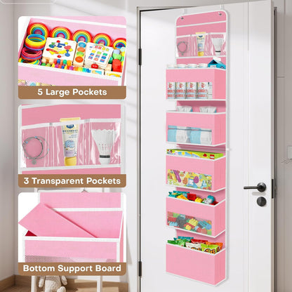 SpaceWhisper Over the Door Organizer, 4 Large Pocket Hanging Storage Organizer with 40lb Capacity, Space Saving for Nursery, Bathroom, Bedroom, Closet - Baby Essentials & Toiletry Organizer (Pink)