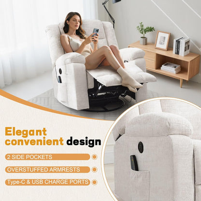 Korser Rocker Recliner, Glider Recliner Chairs for Adults, 360° Swivel Rocking Chair with Massage and Heating, Nursery Chair with Storage and USB Charging for Living Room, Bedroom, Nursery