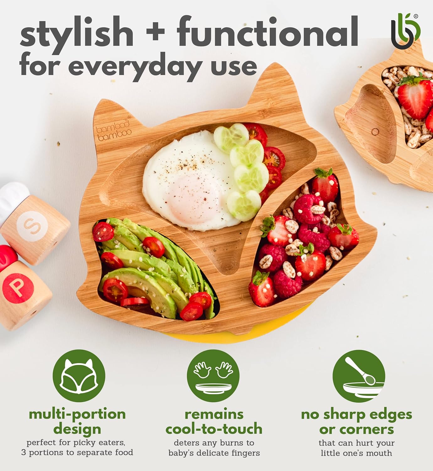 bamboo bamboo Baby and Toddler Plate for Feeding and Weaning, Bamboo Fox Plate with Secure Suction Cup for Babies from 6 Months (Fox, Pink)