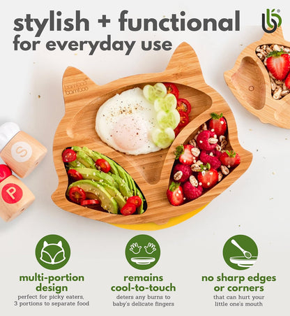 bamboo bamboo Baby and Toddler Plate for Feeding and Weaning, Bamboo Fox Plate with Secure Suction Cup for Babies from 6 Months (Fox, Pink)