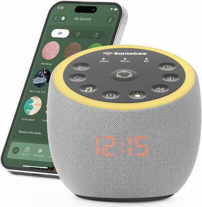 Santebee Sound Machine for Sleep, White Noise Sound Machine 388 Soothing Sounds, 3 Custom Buttons Smart APP Control Night Light, Noise Canceling Dimmable Clock for Adults Baby Kids Lullaby Office