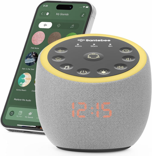 Santebee Sound Machine for Sleep, White Noise Sound Machine 388 Soothing Sounds, 3 Custom Buttons Smart APP Control Night Light, Noise Canceling Dimmable Clock for Adults Baby Kids Lullaby Office