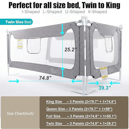 Twin Size Baby Bed Rail Guard – Extra Tall Safety Bedside Rail with Headboard Rod for Toddlers, Adjustable No-Gap Design, 3 Panels (2×74.8″ + 1×39.3″), Gray