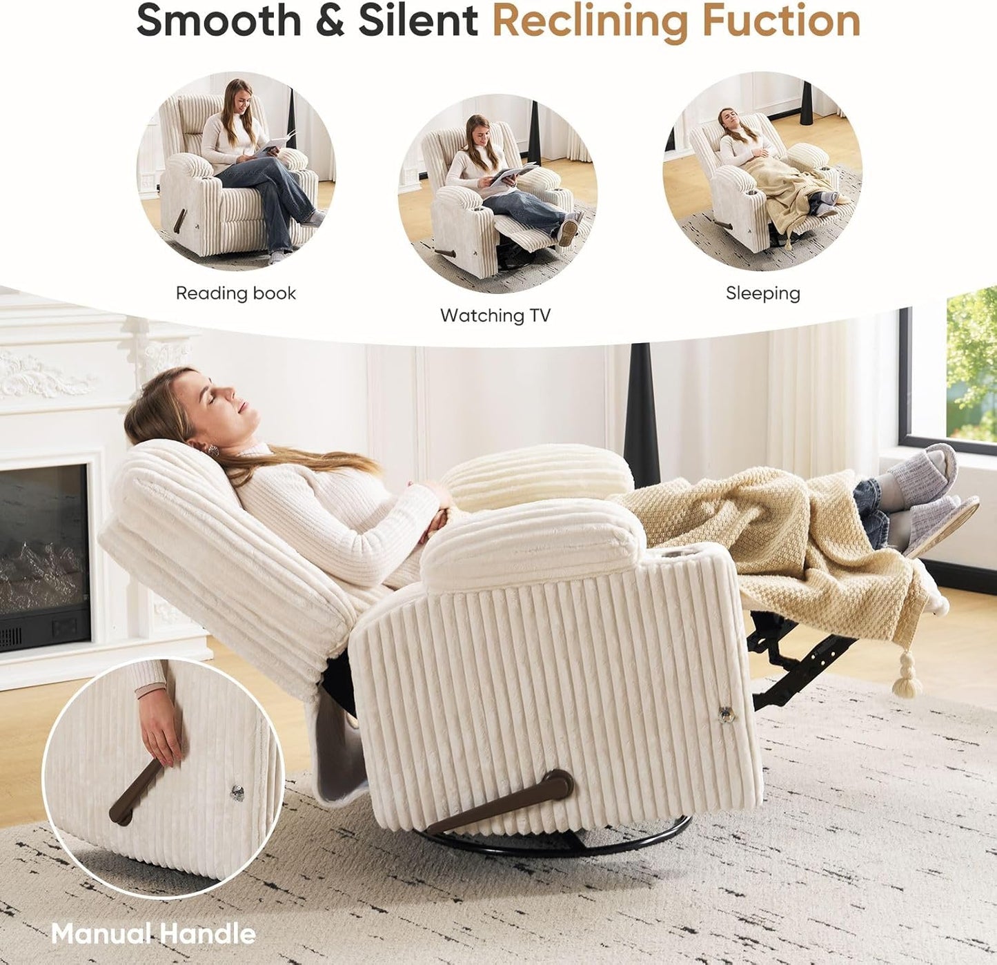 Oversized Power Recliner Chair with Massage and Heat, Swivel Rocker Recliner Chair for Adults with Arm Storage, Nursery Glider Recliner with Adjustable Headrest and Phone Stand, Side Pockets, Beige