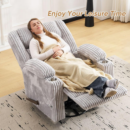 Oversized Power Recliner Chair with Massage and Heat, Swivel Rocker Recliner Chair for Adults with Arm Storage, Nursery Glider Recliner with Adjustable Headrest and Phone Stand, Side Pockets, Beige
