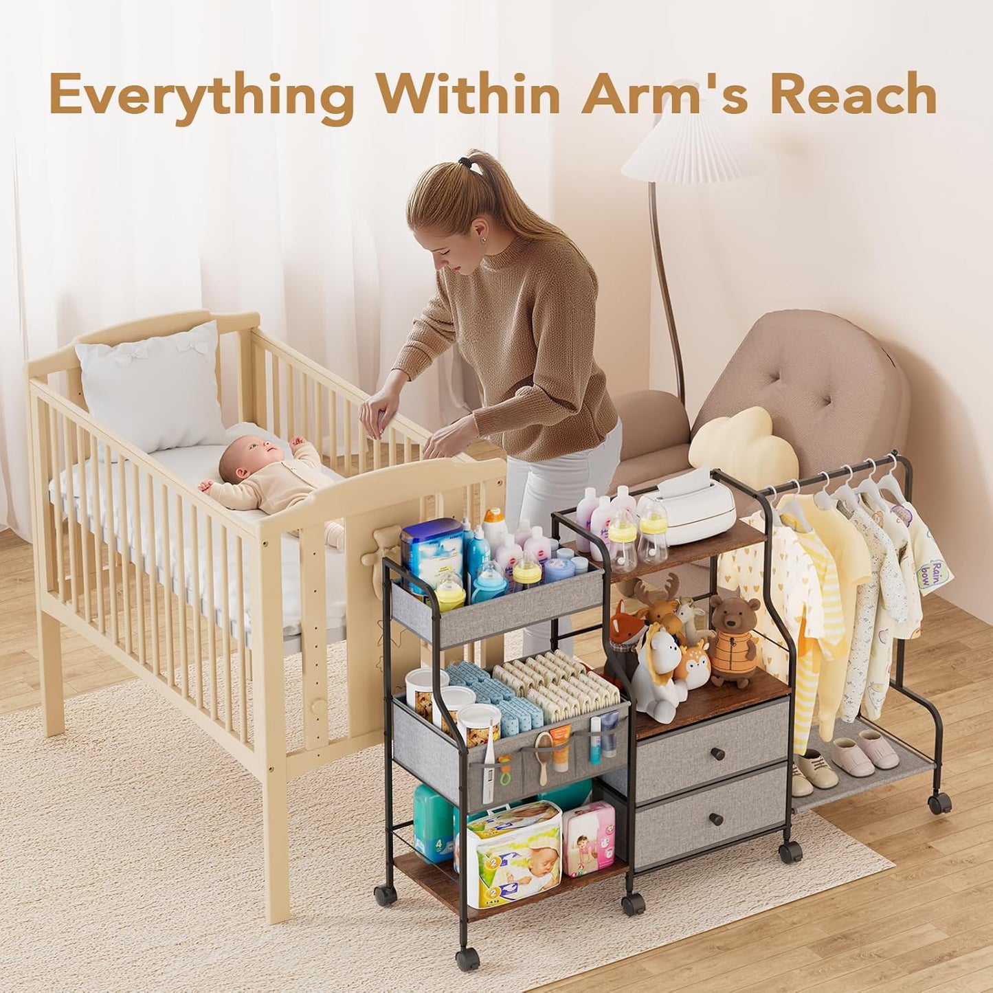 BBLIKE Diaper Caddy Organizer with Hanging Rack - 3 Tier Rolling Utility Cart with Drawers and Dividers for Baby Bottle Storage - Bedside Cart for Changing Station, Crib, Nursery, Bedroom, Beige