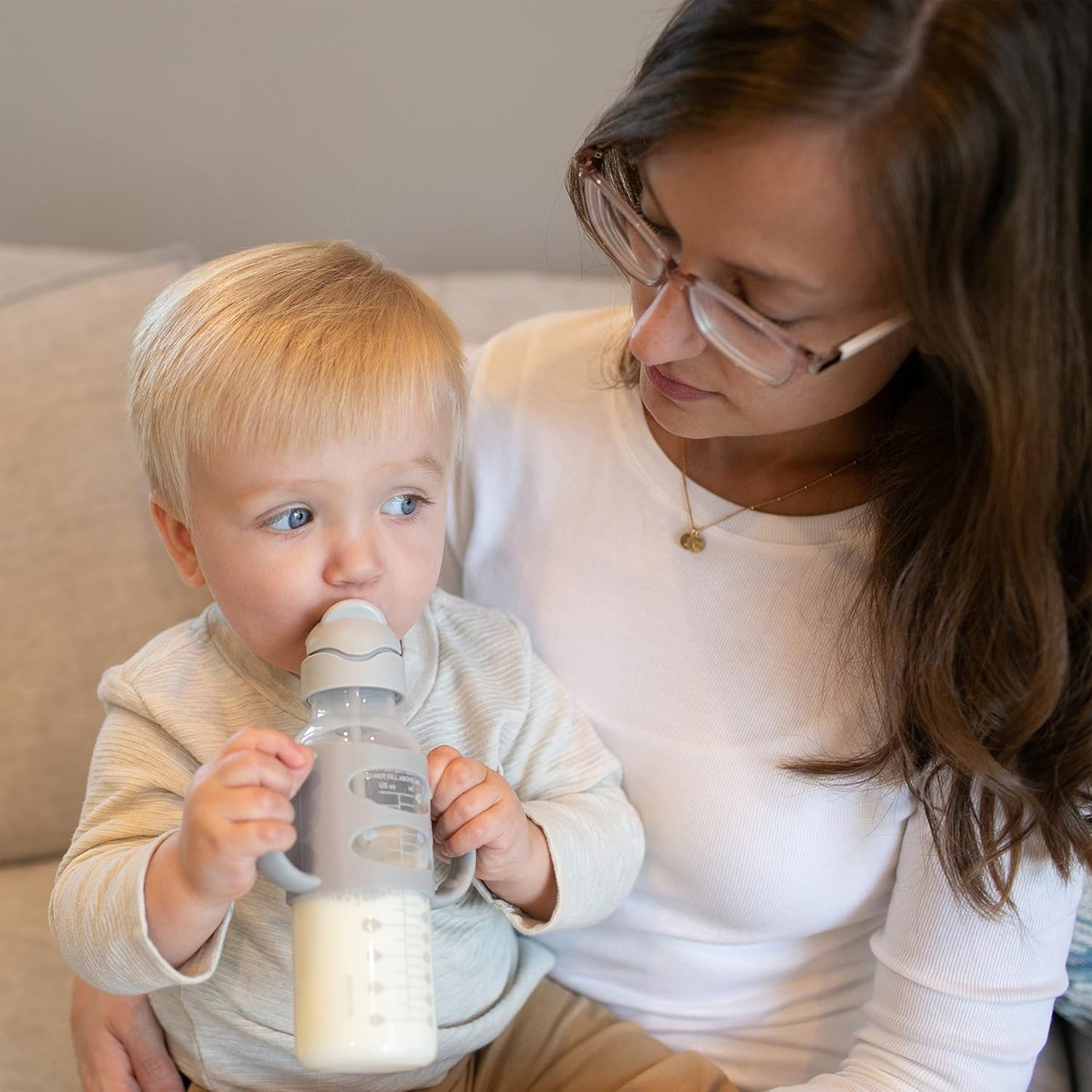 Dr. Brown's Milestones Narrow Sippy Straw Bottle, Spill-Proof with 100% Silicone Handles and Weighted Straw, 8 oz/250 mL, Gray & Green, 6m+