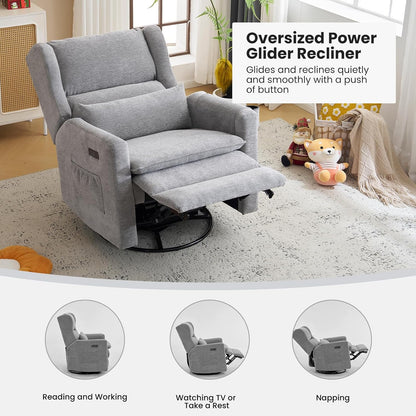 Power Recliner Chair Swivel Glider with Adjustable Headrest，Oversized Swivel Rocker Recliner with Lumbar Support, Upholstered Nursery Glider Recliner for Living Room,White