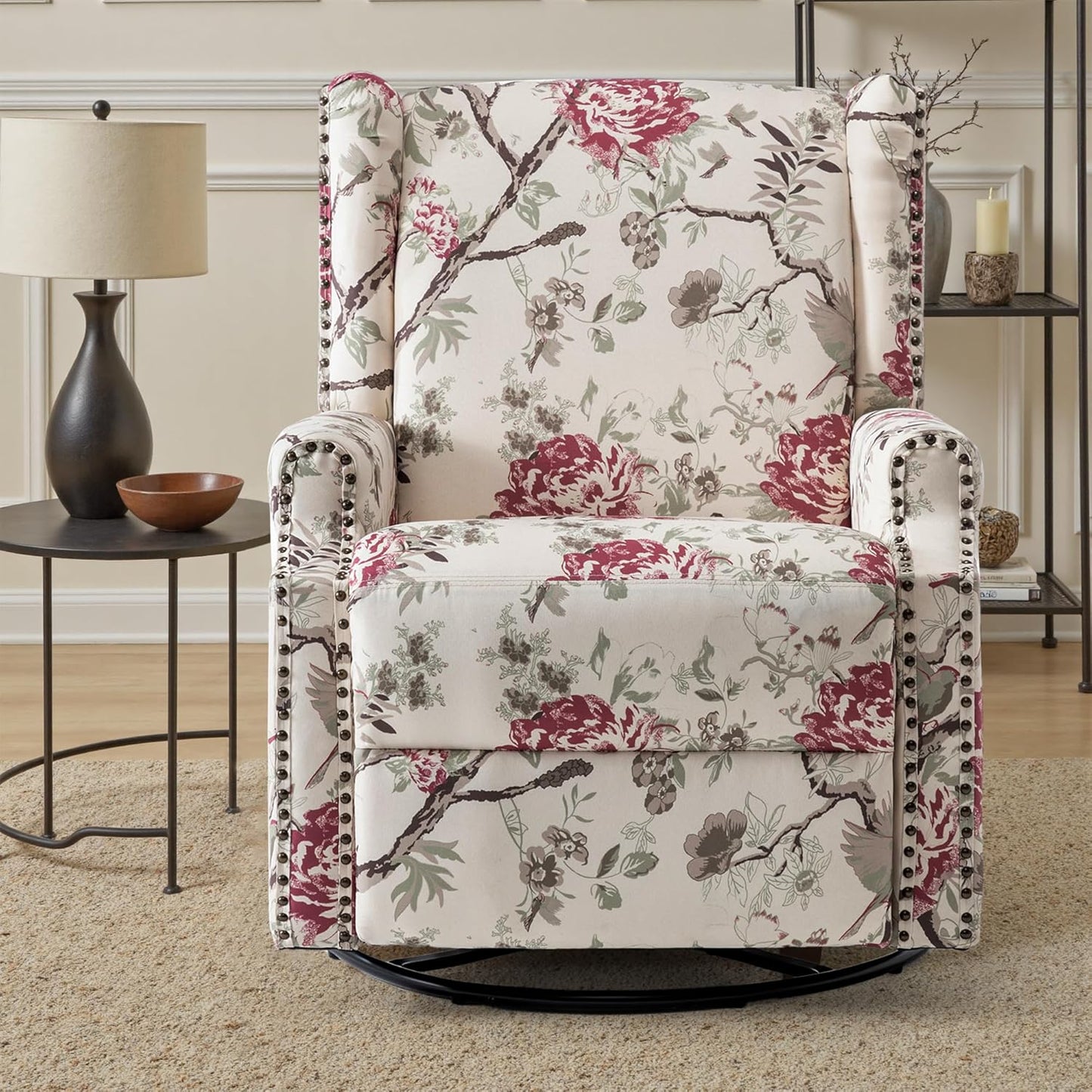 UIXE Swivel Glider Recliner Chair for Adults, High Back Nursery Rocker Floral Upholstered Armchair for Living Room, Manual Reclining Rivet Trim Sofa Lounge with Deep Seat in Fabric - Navy Blue