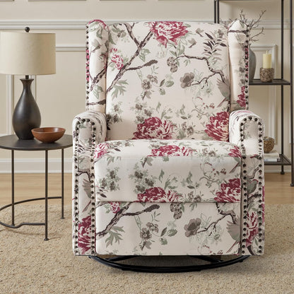 UIXE Swivel Glider Recliner Chair for Adults, High Back Nursery Rocker Floral Upholstered Armchair for Living Room, Manual Reclining Rivet Trim Sofa Lounge with Deep Seat in Fabric - Navy Blue