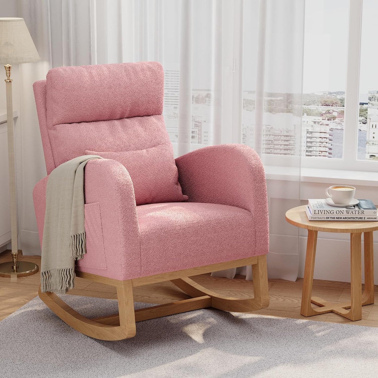 GarveeHome Teddy Fleece Rocking Chair, Modern Nursery Glider Chair with Side Pockets and Pillow, Rocker Chair for Living Room Bedroom Nursing Room, Pink