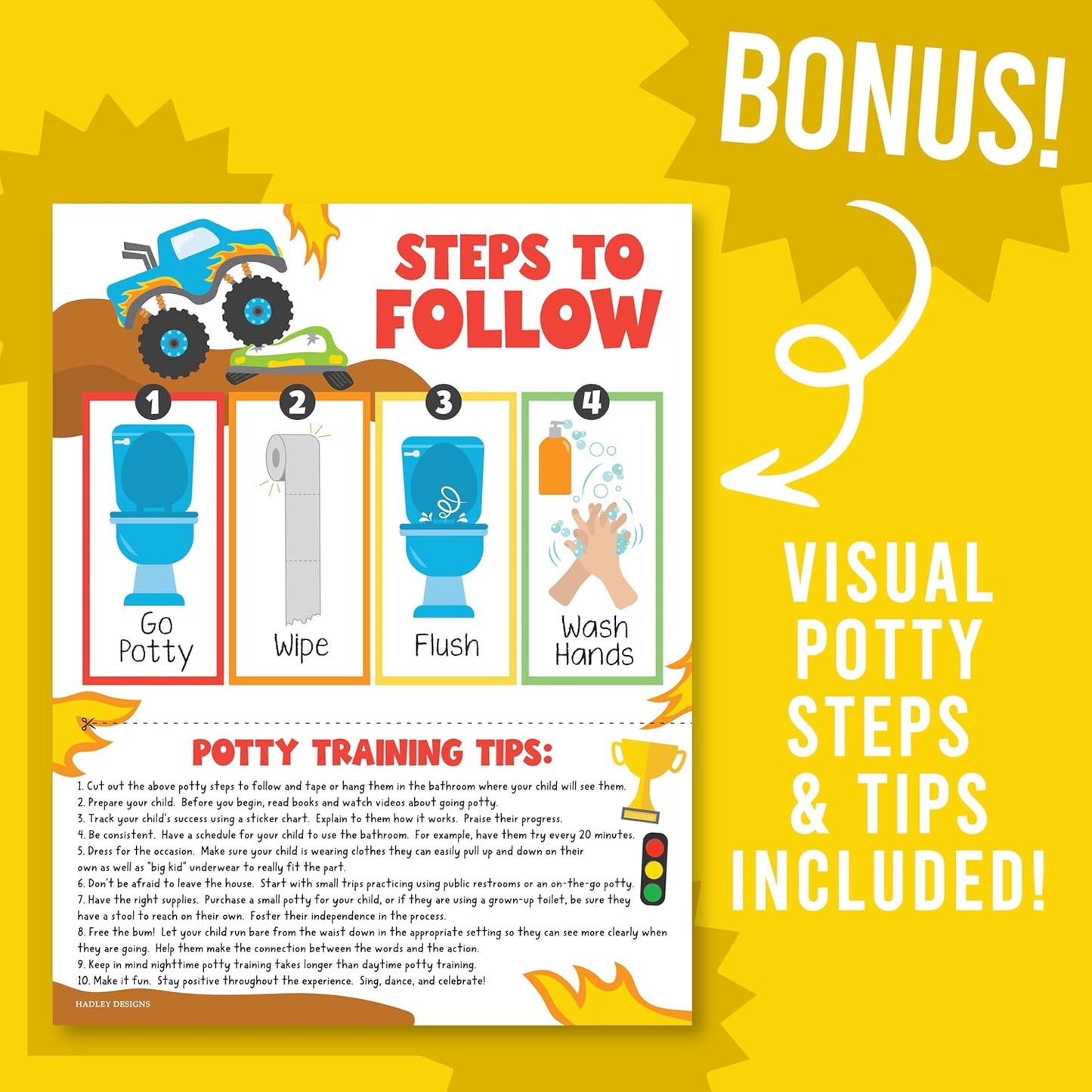 Hadley Designs Potty Training Chart for Toddlers Boys -10 Sticker Potty Chart for Toddlers Boys, 8.5x11" Potty Training Sticker Charts for Toilet Success, Monster Truck Toddler Reward Chart for Kids
