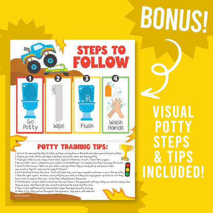 Hadley Designs Potty Training Chart for Toddlers Boys -10 Sticker Potty Chart for Toddlers Boys, 8.5x11" Potty Training Sticker Charts for Toilet Success, Monster Truck Toddler Reward Chart for Kids