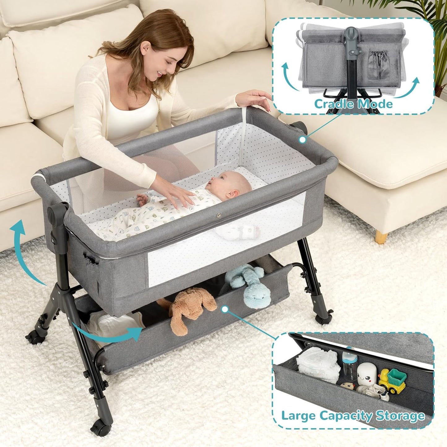 BCOL 3 in 1 Baby Bassinet Bedside Sleeper, Bedside Crib for Baby, Adjustable Baby Bassinet with Wheels, Storage Basket, Mattress, Easy Assemble & Folding Portable Baby Cradle (Grey)