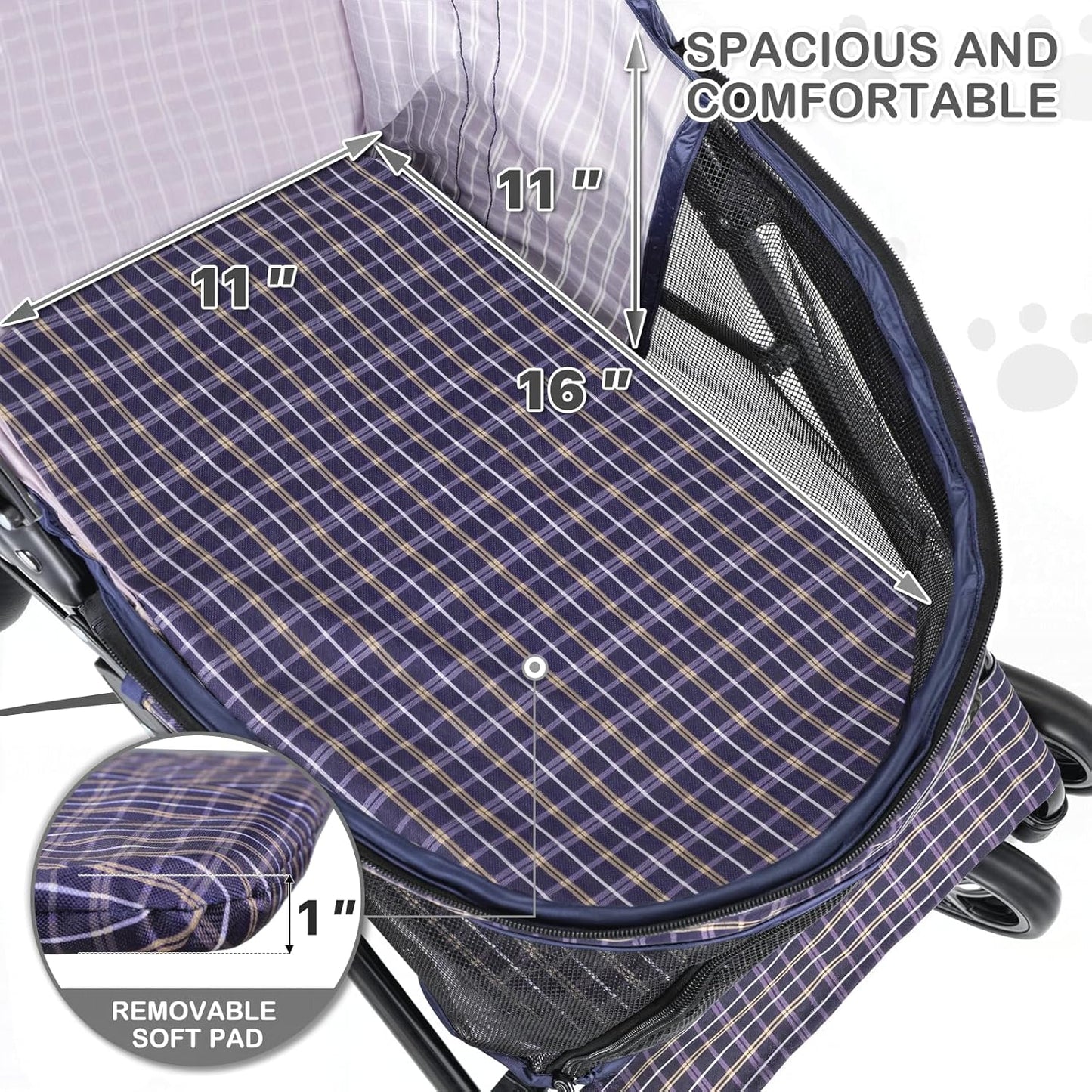 MoNiBloom 4 Wheels Pet Stroller, Easy-Fold Puppy Cage Jogger Stroller with Sun Cover, Pad and Rear Storage Bag, Breathable and Visible Mesh for Small/Medium Pets up to 22 lbs, Black