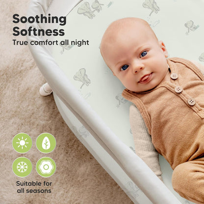 2-Pack Organic Bassinet Sheets for Girls, Boys - 100% Cotton Bassinet Mattress Sheets Compatible with Halo Bassinest Swivel Sleeper, Graco, Baby Delight, Chicco, Unisex Fitted Bassinet Sheets (Elly)