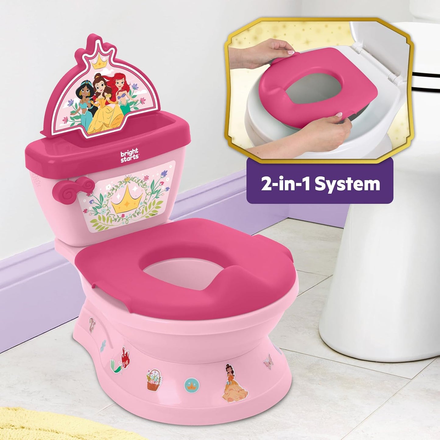 Bright Starts Disney Junior Minnie Mouse My Size Potty Training Toilet, Toddler Potty Chair with Flushing & Cheering Sounds, Removable Seat with Splash Guard & Handles, Ages 18+ Months, Up to 50 lbs